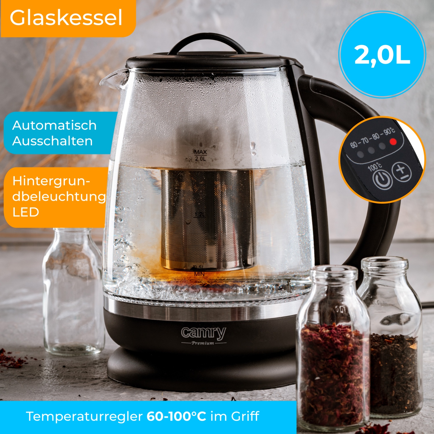 Camry CR 1290 black 2,0-L-Glaskessel Teekanne mit Temperaturregelung – Bild 8